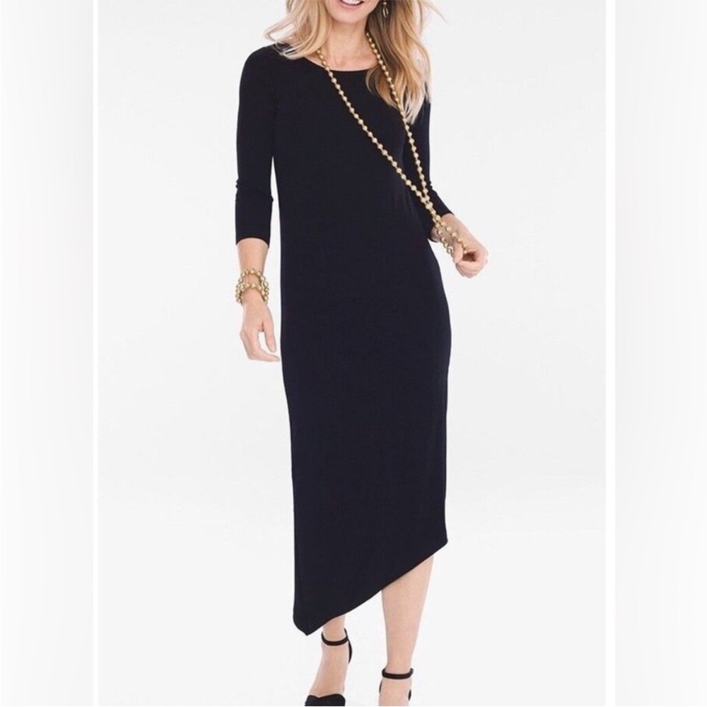 Chico’s Travelers Classic Asymmetrical Hem Black Slinky Maxi Dress, size 4/6 (0)